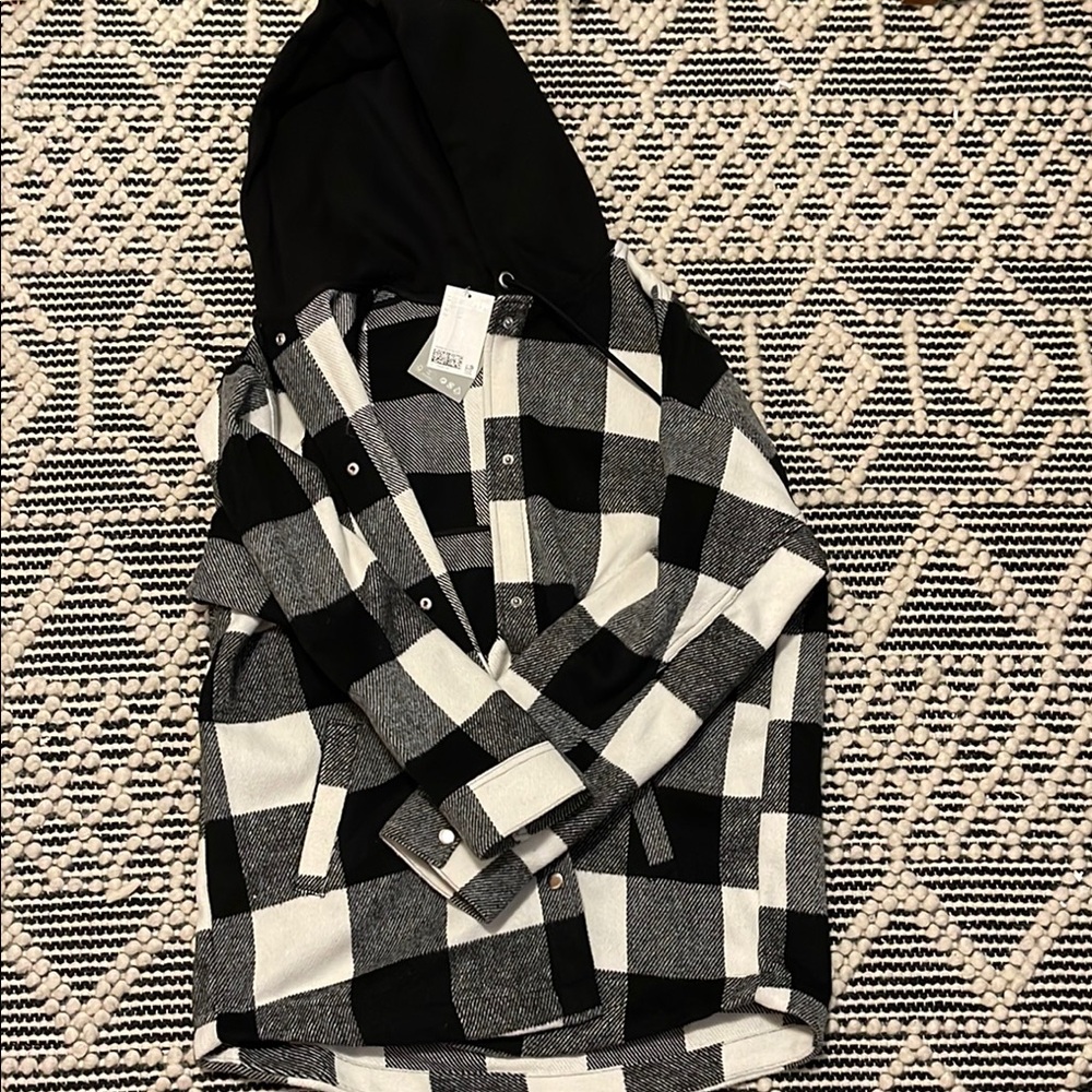 Black and White Plaid oversized Hooded Jacket